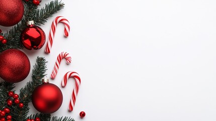 Poster - Isolated Christmas decorations on a white background, shiny ornaments, tinsel, and candy canes, space for text 