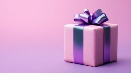 Poster - Isolated hexagonal gift box wrapped in textured velvet with iridescent ribbons on a soft lavender gradient background 