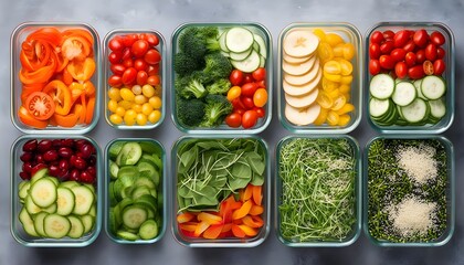 Wall Mural - Vibrant Display of Chopped Fruits and Vegetables in Glass Containers for Nutritious Eating