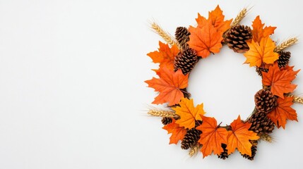 Sticker - Isolated Thanksgiving wreath with orange maple leaves, wheat, and pinecones, white background, soft shadows, space for text 