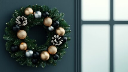 Wall Mural - Minimalist black holiday wreath with silver and gold ornaments, hanging against a frosted window, soft morning light 