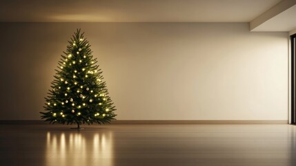 Poster - Minimalist Christmas tree with simple white and gold ornaments, glowing softly in a modern, clean setting 