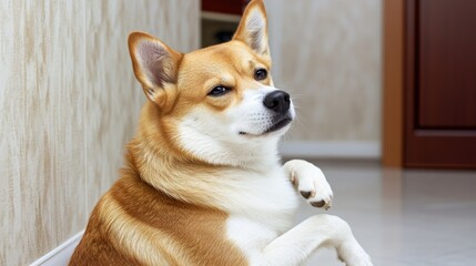 Canvas Print - A dog sitting on the floor with his paws up and looking at something, AI