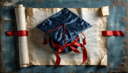 Wall Mural - Classic graduation cap and diploma tied with red ribbon showcasing the rich texture of paper and fabric