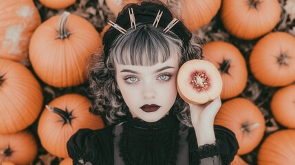 Sticker - A woman holding a piece of fruit in front of a pile of pumpkins