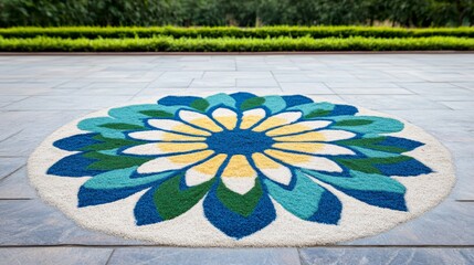Wall Mural - rangoli with peacock motifs and vibrant blues, greens, and yellows celebrating indian tradition and 