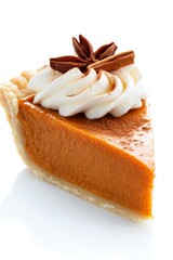 Wall Mural - Rustic pumpkin pie slice topped with whipped cream and cinnamon isolated on a white background 