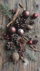 Poster - A wooden table topped with christmas decorations and pine cones