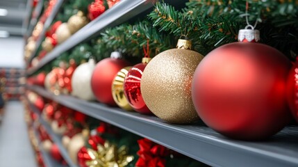 Wall Mural - Shelves lined with red and gold Christmas baubles, tinsel, and decorative ribbons, holiday shopping scene 