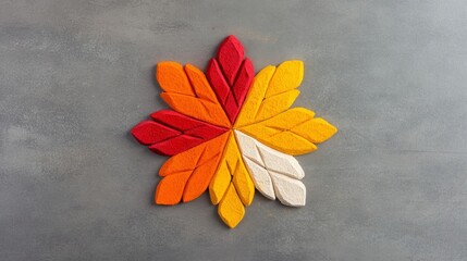 Poster - Simple geometric Rangoli design using colored powders in red, orange, and yellow isolated on a smooth surface 