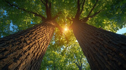 Wall Mural - Sunlit Canopy View from Below, Two Majestic Tree Trunks