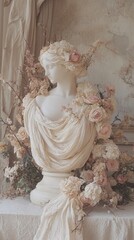 A statue of a woman surrounded by flowers