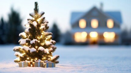 Wall Mural - Snowy front yard with a snow-covered Christmas tree, presents underneath, and a softly lit house in the background 