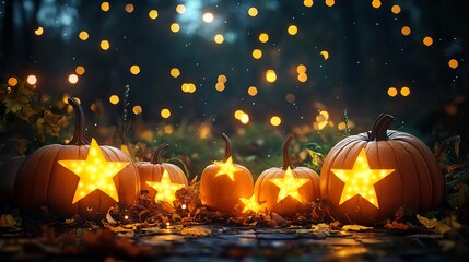 A festive mix of pumpkins and twinkling stars creating a whimsical design on a dark background