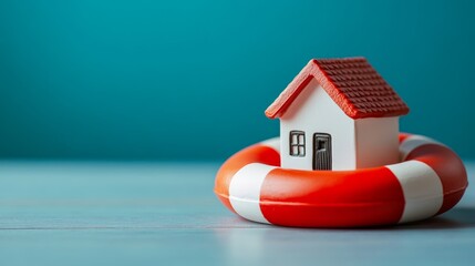 Tiny house figurine inside a lifebuoy symbolizing home insurance and emergency protection 