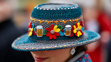 Wall Mural - Traditional Tyrolean hat with decorative pins and beer mug earrings close-up of Oktoberfest style 