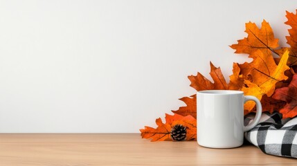 Canvas Print - Warm-toned workspace featuring a wooden desk steaming mug plaid blanket and autumn leaves isolated on a white background 