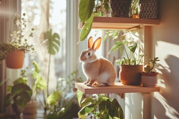 A charming rabbit sits on a wooden shelf surrounded by vibrant green plants. The sunlight creates a warm atmosphere. Perfect for nature lovers and animal enthusiasts. Generative AI