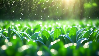 Wall Mural - Illuminated bulb surrounded by raindrops on leaves, creating a serene atmosphere