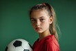 © radekcho - Determined teenage girl in sports attire, holding a soccer ball, looking focused. Portrait on solid green background. Perfect for sports clubs, athletic gear, youth programs.