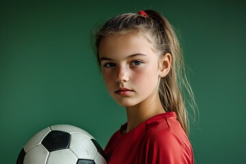 Determined teenage girl in sports attire, holding a soccer ball, looking focused. Portrait on solid green background. Perfect for sports clubs, athletic gear, youth programs.