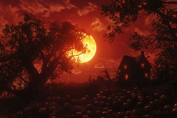 Luminous pumpkins glow in the autumn twilight at this creepy house.