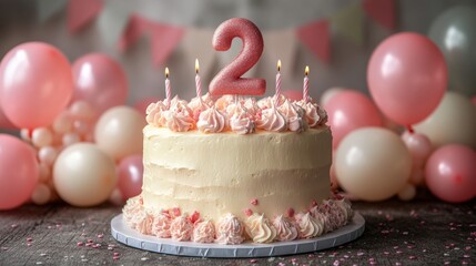 number 2 candle on a second year birthday cake celebration with balloons and party decoration as ban