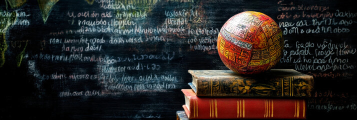 Wall Mural - international mother language day. a globe on a stack of books against the background of words in di