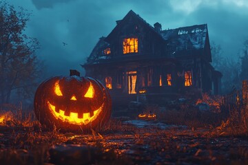 Wall Mural - An eerie house with a glowing Jack-O-Lantern