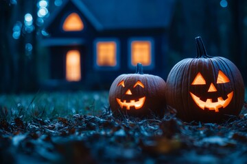 Haunted house with illuminated Jack-o'-Lanterns