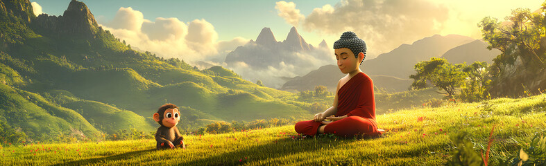 Sticker - The Buddha meditates, the little monkey stands next to him with an excited expression on its face. The background features rolling mountains and green grasslands