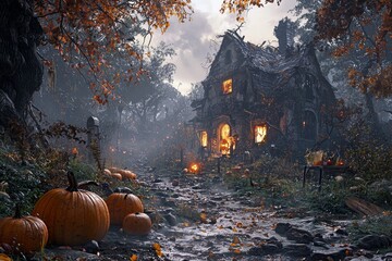 On a spooky Halloween night, a glowing Jack-o'-Lantern stands before a haunted house