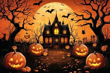 Full moon at sunset and a haunted house with Jack-o-Lanterns