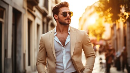 Handsome confident stylish hipster lambersexual model.Sexy modern man dressed in elegant beige suit. Fashion male posing in the street background in Europe city at sunset. In sunglasses 