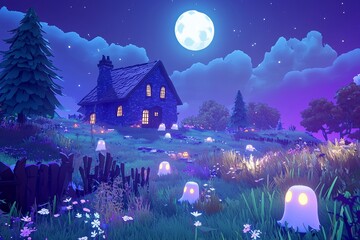 An Halloween scene with Jack-o'-Lanterns and a full moon with two friendly ghosts