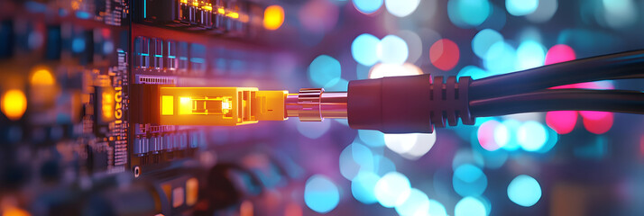 Poster - Closeup of an internet cable being plugged into the back end of a network switch, with a computer room background in a blurred background with a bokeh effect. Colorful cables