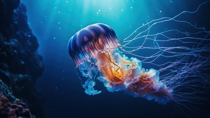 Wall Mural - A mesmerizing jellyfish drifts gracefully through deep blue ocean waters, its luminescent tendrils creating an enchanting and mysterious underwater scene.