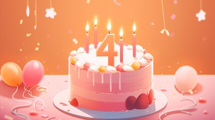 number 4 candle on a fourth year birthday cake celebration with balloons and party decoration as banner