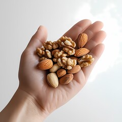 Hand Holding a Mix of Almonds and Walnuts