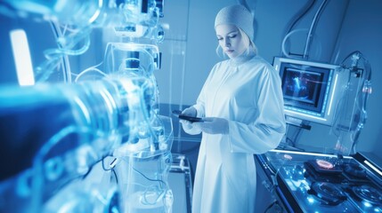 A scientist in a cleanroom operates advanced devices, surrounded by a blue-glowing array of scientific equipment, epitomizing tech and innovation.