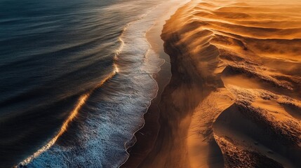 Wall Mural - Golden sunlight bathes the rugged terrain of sand dunes, while ocean waves rhythmically crash against the shore, creating a stunning natural contrast during sunset