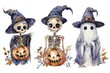© DZMITRY - Halloween watercolor illustrations featuring ghosts, skeletons, and pumpkins