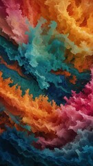 Poster - Vibrant abstract painting with swirling, organic shapes in shades of blue, orange, pink, and green