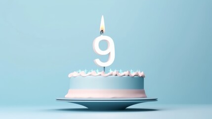 number 9 candle on a ninth year birthday cake celebration with balloons and party decoration as banner