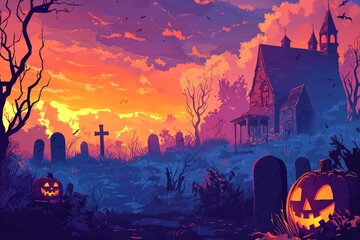 Spooky Halloween Scene with Haunted House, Jack-o'-Lanterns, and Bats Flying in a Twilight Sky