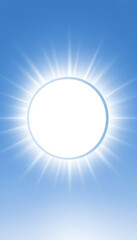 Sticker - Bright glowing white sun on blue sky with a copy space for text.