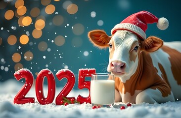 Cow in Santa hat with glass of milk
red text 2025 on a Christmas background New Year