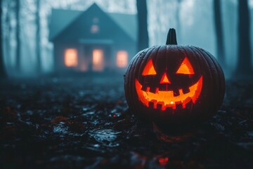 An eerily glowing Jack-O-Lantern stands in front of a haunted house in the woods