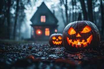 Halloween night with a glowy carving pumpkin in front of a haunted house