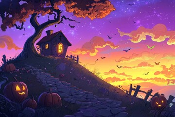 An eerie Halloween adventure with glowing Jack-o-Lanterns and a haunted house.